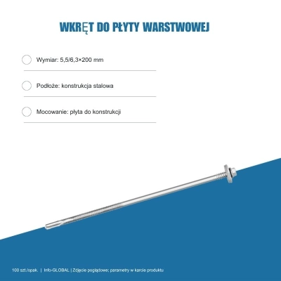 Wkręt do płyty warstwowej Info-GLOBAL AR12 W CSG 5,5/6,3×200 mm, bez lakieru, 100 szt.